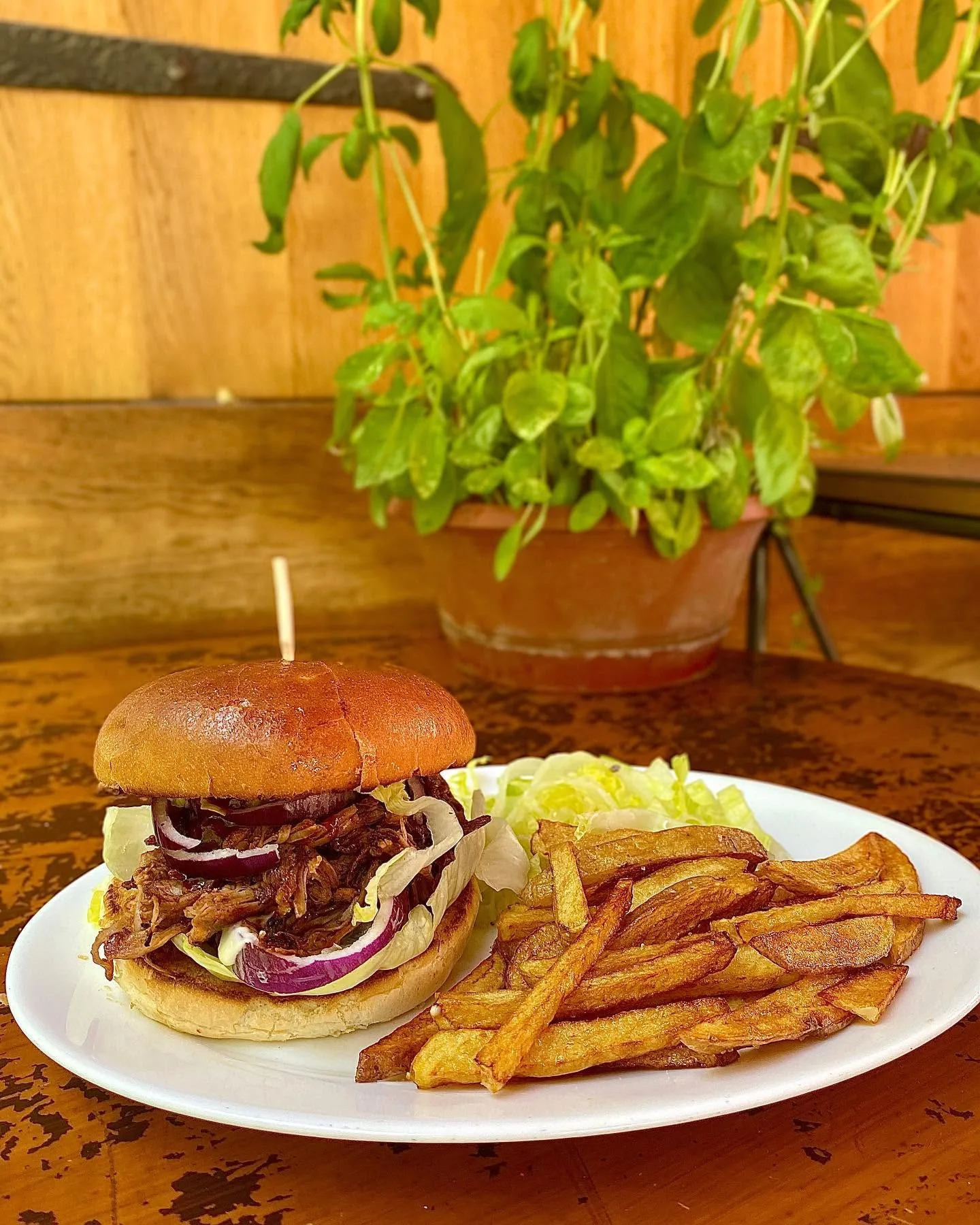 Burger s trhaným masem a domácí hranolky na terase